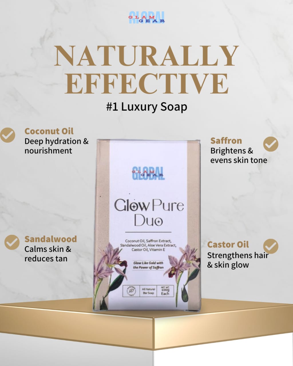 Glow Pure Duo – Luxury Handmade De-Tan Soap with Saffron & Sandalwood (Pack of 2)